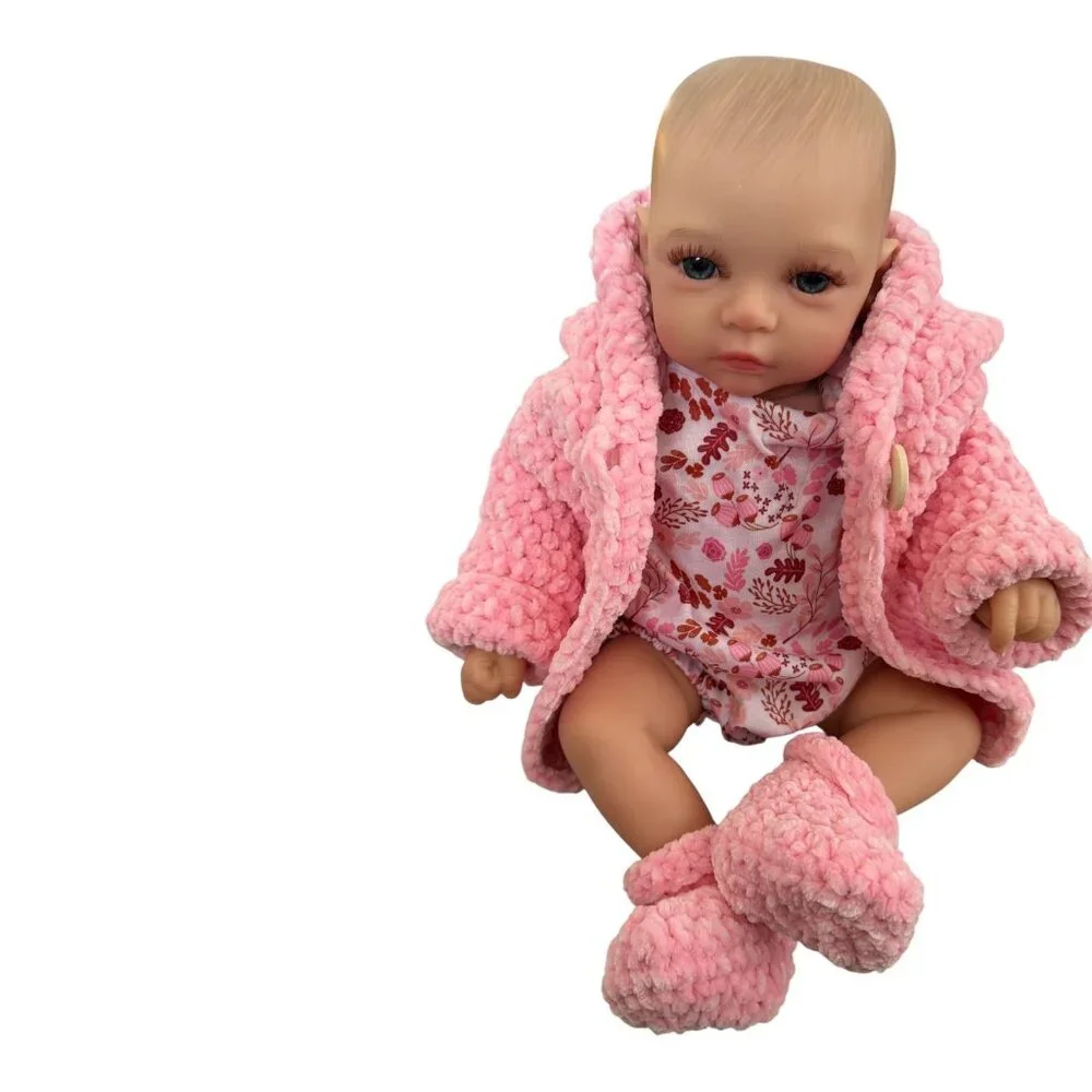 Handmade Pink Chenille Newborn Baby Hoodie & Booties Set Bear Ears Soft Plush - Picture 11 of 16